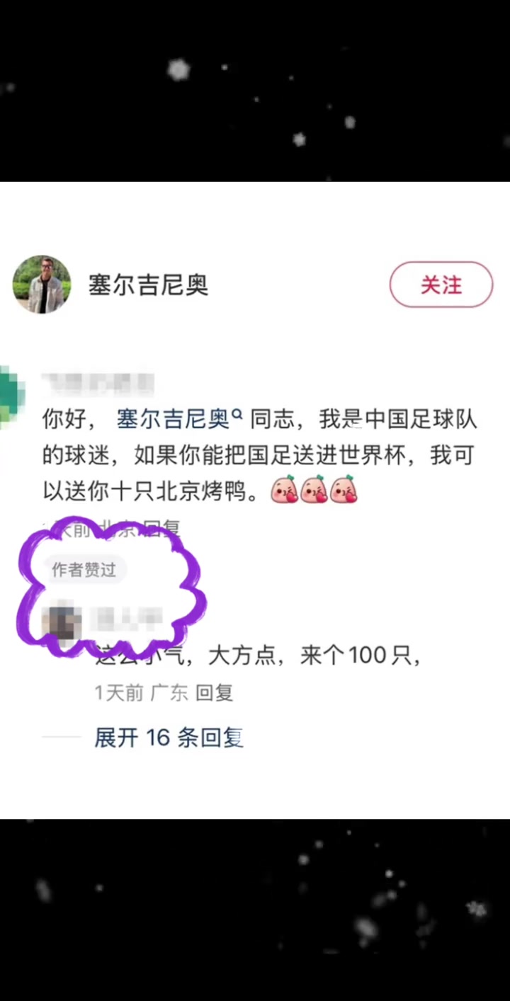 網(wǎng)友評論“帶國足進(jìn)世界杯，送十只北京烤鴨”，塞鳥本人點贊