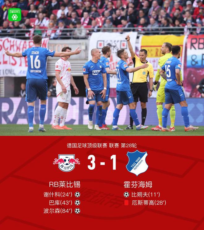 萊比錫逆轉霍芬海姆3-1，謝什科等三將建功，厄斯蒂高紅牌