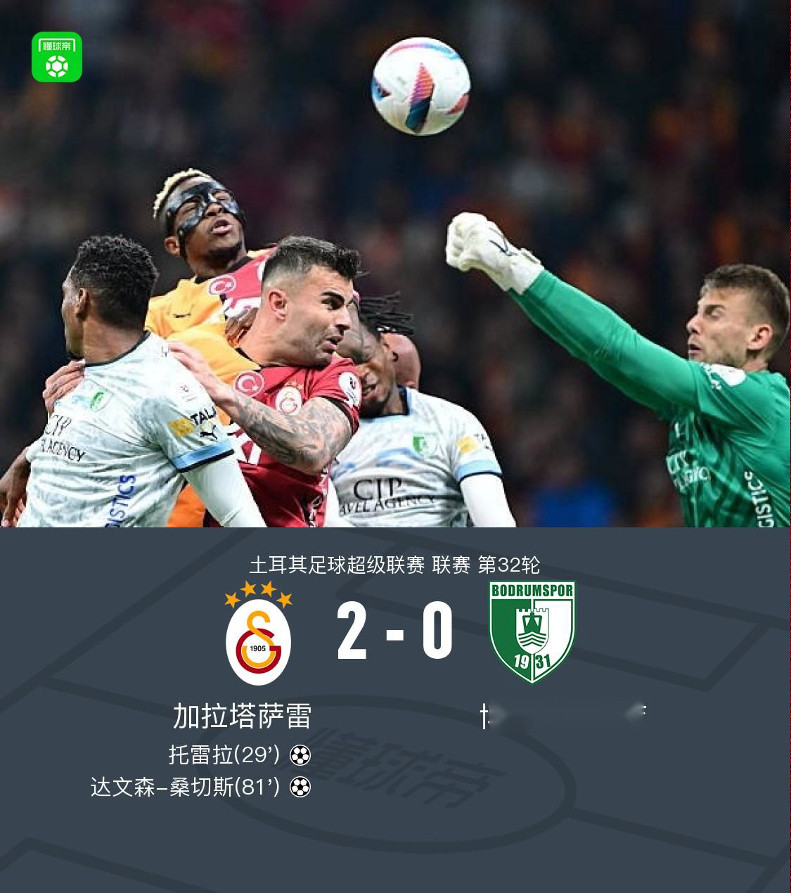加拉塔薩雷2-0博德魯姆體育，托雷拉破門，達(dá)文森-桑切斯錦上添花