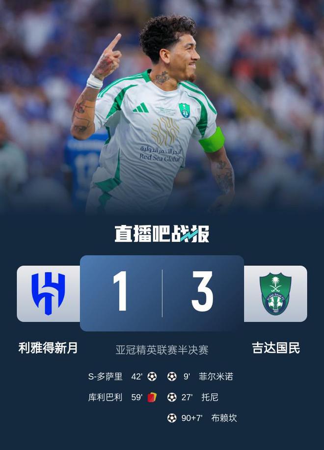 吉達(dá)國(guó)民勝出，3-1淘汰新月進(jìn)亞冠決賽，菲爾米諾破門(mén)，庫(kù)利巴利紅牌。