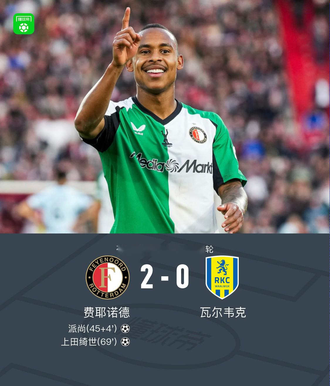 費耶諾德2-0瓦爾韋克鎖定歐冠附加賽資格，派尚傳射，上田綺世破門
